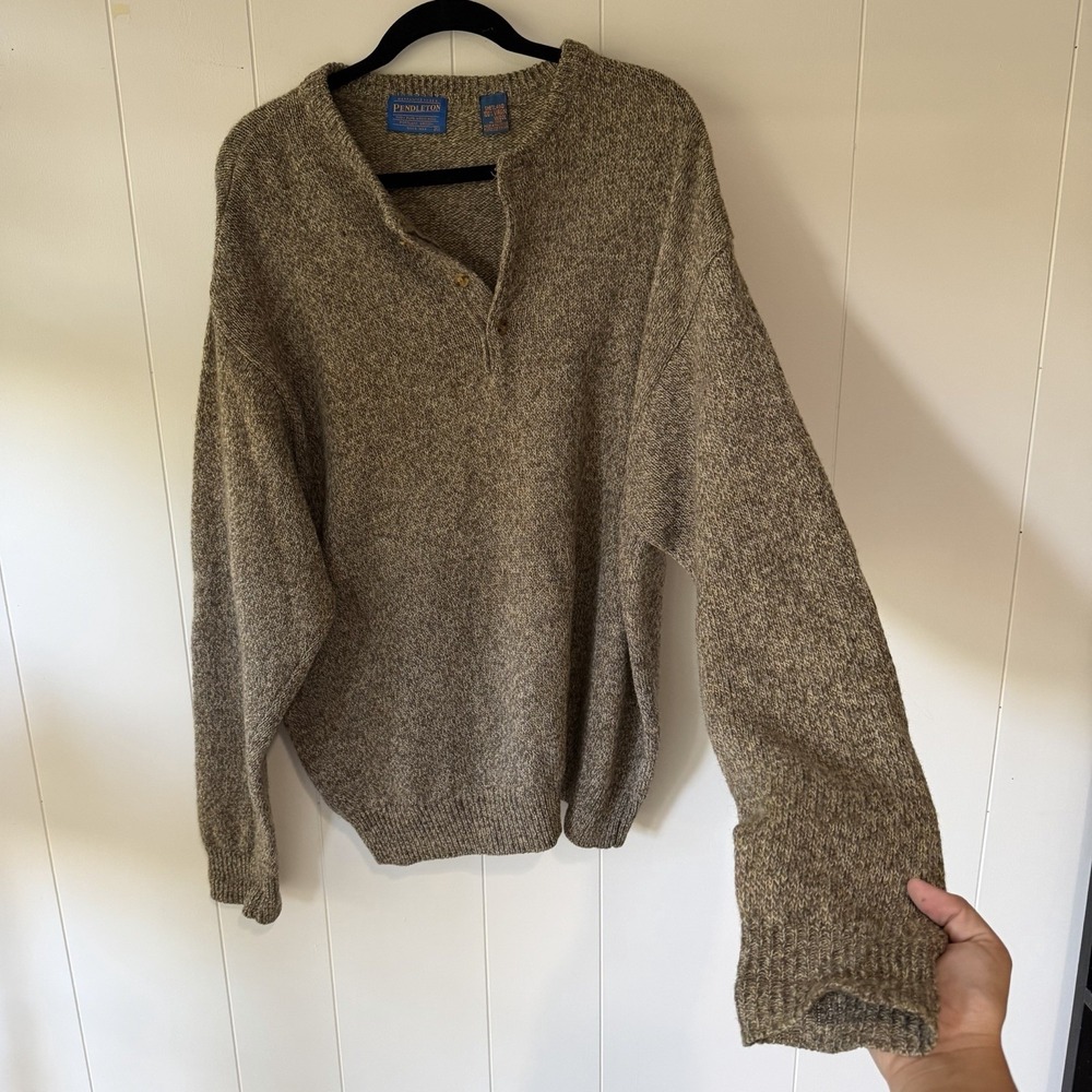 Vintage Pendleton Shetland Virgin Wool Henley Sweater XL Brown USA Mens